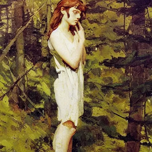 Prompt: young girl lost in a forest, by dean cornwell,