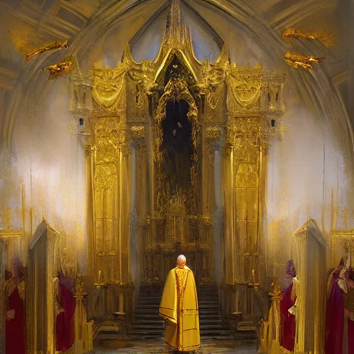 Image similar to ornate painting of a Catholic Priest in flowing golden vestments elevating the host over the alter, a portal to the sky opening behind him as a host of angels descend upon the pews, by Jeremy Mann and Jason Jenicke, detailed, realistic, loose brush strokes, intricate, beautiful, stylized, dramatic, incredible, sense of scale