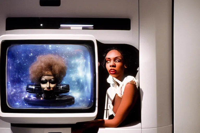 Prompt: beautiful woman robot sitting inside of a galaxy fridge, from 1985, bathed in the glow of a crt television, crt screens in background, low-light photograph, in style of Tyler Mitchell