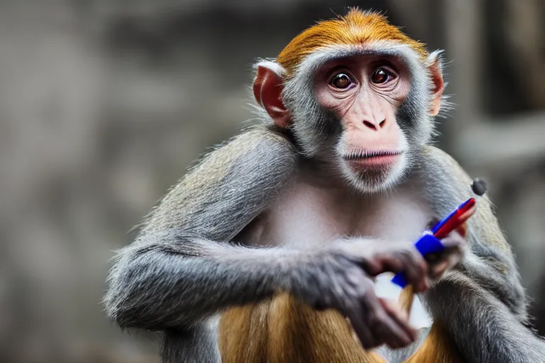 Image similar to photograph of a monkey holding a blue pen towards the camera, 4 k, full hd, highly detailed, close up