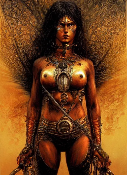 Image similar to a highly detailed symmetrical painting of a female amazon warrior with piercing beautiful eyes in dark tomb setting, dynamic lighting, ambient lighting, deviantart, art by karol bak and glenn fabry