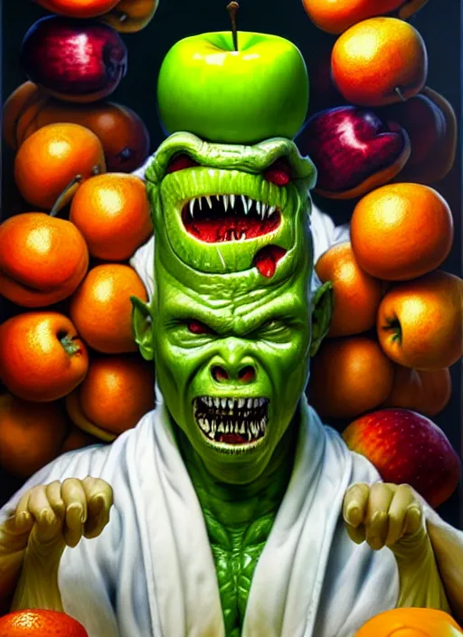 Image similar to an monster man in a white robe, green skin, covered in fruit, apples, oranges, bananas, intricate, highly detailed, concept art, hyperrealistic, oil painting by greg staples and tristan eaton, 8 k