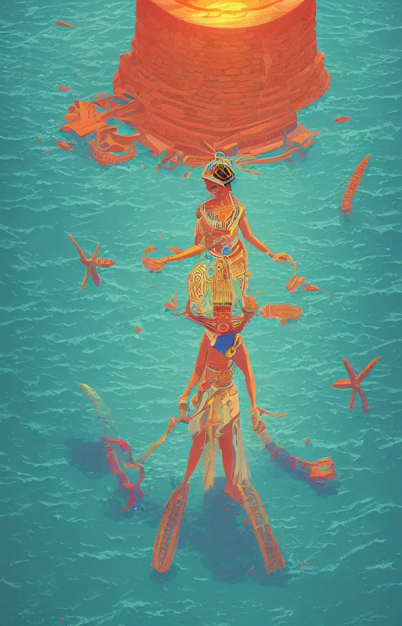 Image similar to mayan priestess floating over an ocean, sharp focus, james gilleard, moebius, print, cinematic, game art