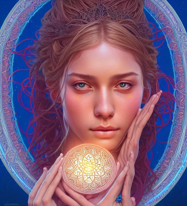 Image similar to symmetry!! portrait of hippie girl, glowing skin mandala!! serene, intricate, elegant, highly detailed, digital painting, artstation, concept art, smooth, sharp focus, illustration, art by artgerm and greg rutkowski and alphonse mucha, 8 k