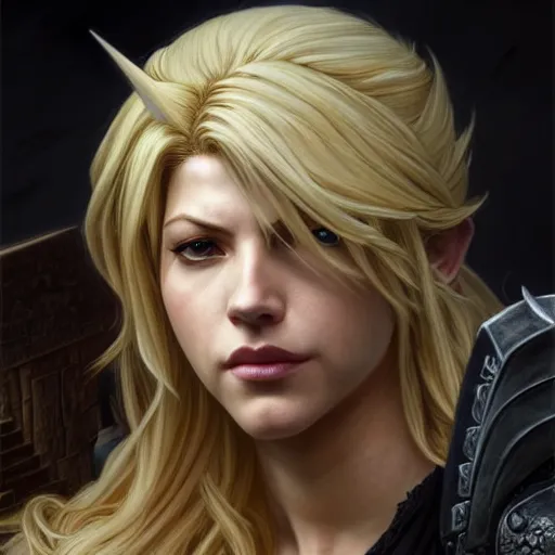 Image similar to beautiful Katheryn Winnick as Cloud Strife, western, closeup, D&D, fantasy, intricate, elegant, highly detailed, digital painting, artstation, concept art, matte, sharp focus, illustration, art by Artgerm and Greg Rutkowski and Alphonse Mucha