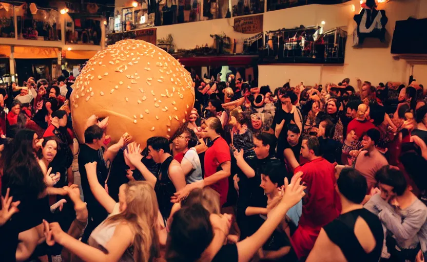 Prompt: a crowd of people dancing in a party around a giant hamburger,