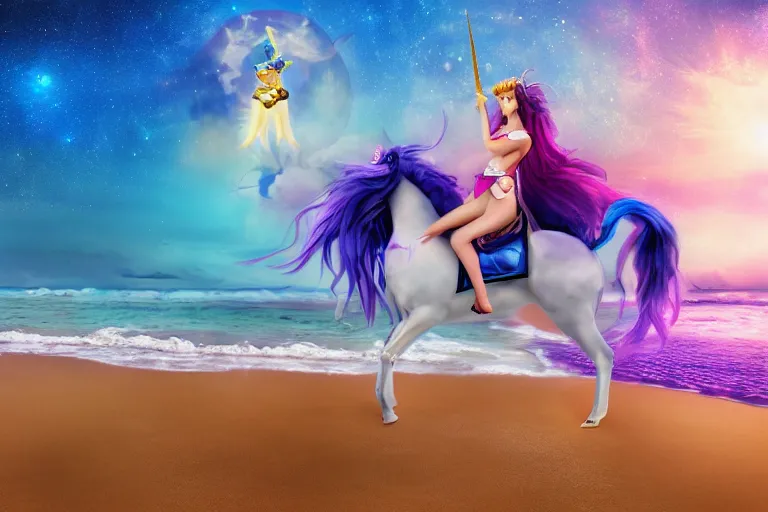 Image similar to sailormoon riding a unicorn on a beach, photograph, realistic, landscape, 4k