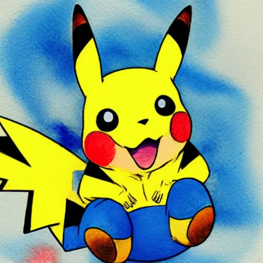 Image similar to a watercolor painting of a pikachu, ken sugimori
