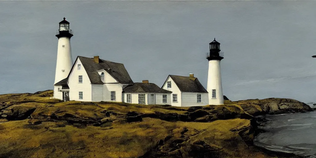 Image similar to a painting by Andrew Wyeth, lighthouse and house in front of the sea, artstation