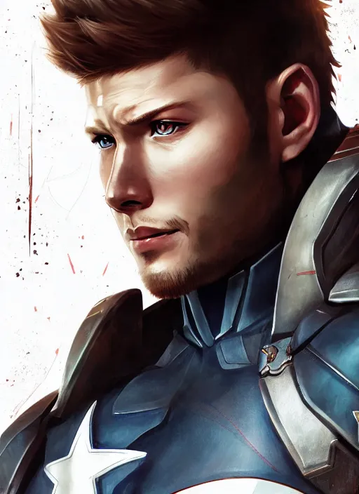 Image similar to an anime portrait of jensen ackles as a beautiful man wearing a captain america costume from skyrim, by stanley artgerm lau, wlop, rossdraws, james jean, andrei riabovitchev, marc simonetti, and sakimichan, trending on artstation