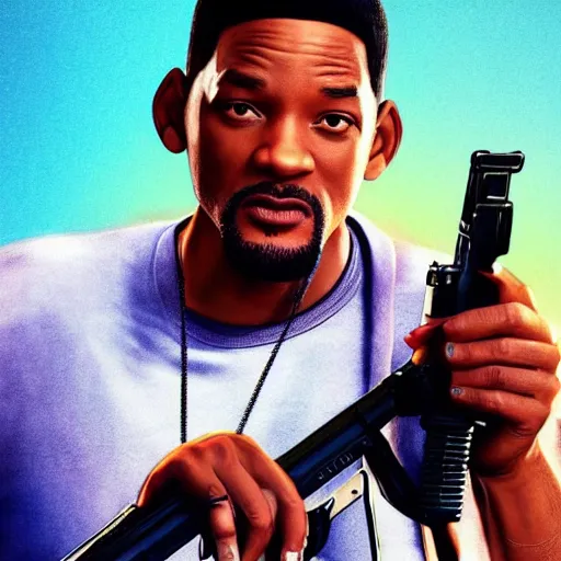 Prompt: will smith as a grand theft auto 5 character, cover game art