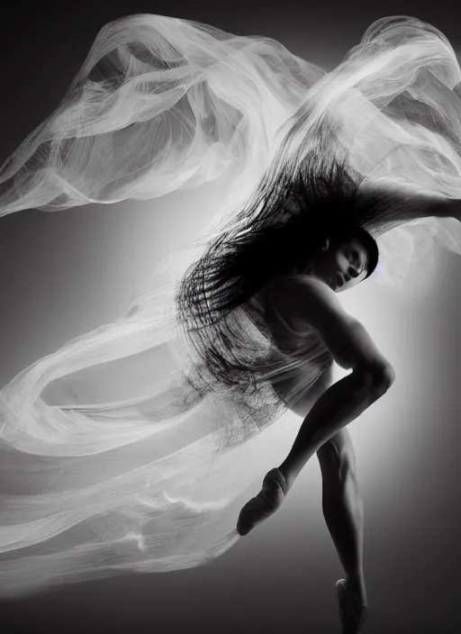 Image similar to a Photorealistic dramatic hyperrealistic render of a glamorous beautiful Female smoke dancer by Ken Brower and Deborah Ory of NYC Dance project,Lois Greenfield,Flowing cloth and smoke,Beautiful dynamic dramatic dark moody lighting,volumetric,shadows,cinematic atmosphere,Octane render,8K