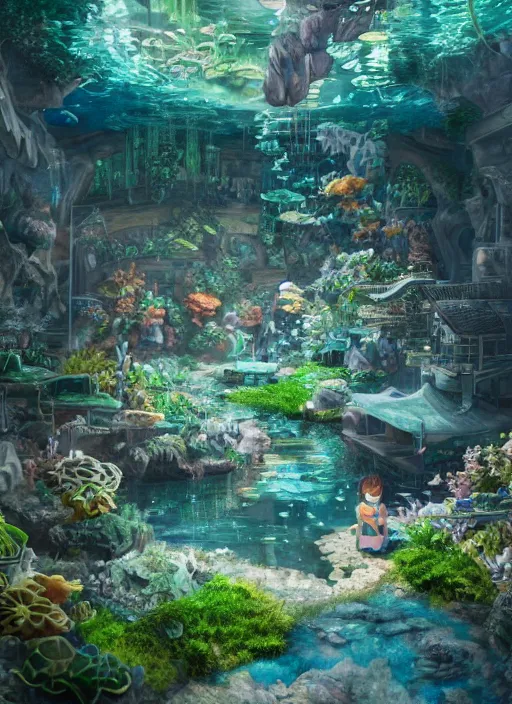 Prompt: an underground aquarium corridor with people observing lots of beautiful fish, fantastic space, water droplets, highly detailed, artstation trend, highly detailed and intricate, studio ghibli, makoto shinkai, no blur, photography, unreal engine 5