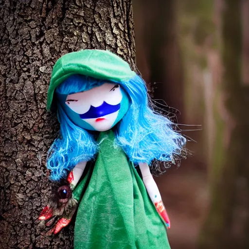 Image similar to blue'snappy gifts'logo doll in magical forest, gifts, dark atmosphere, high detail, soft lighting, 8 k