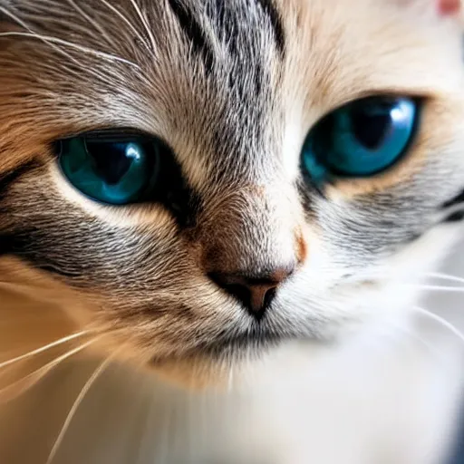 Prompt: a close up shot of a cat sitting upright with a blank stare staring at the camera