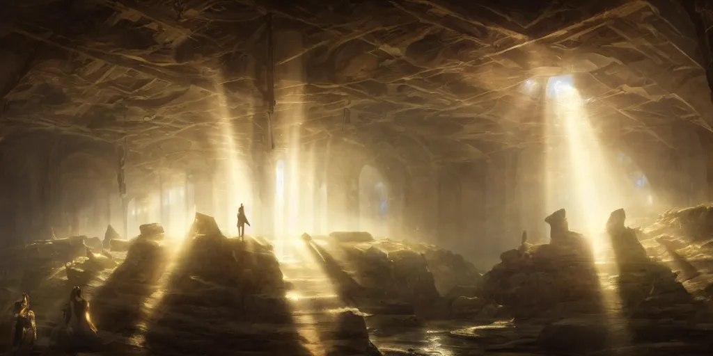 Image similar to gods basement, divine, shinig rays of light by greg rutkowski, 8 k photography, cinematic light