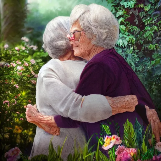 Prompt: A photo of 95-year-old lady hugging her 75-year-old daughter in a garden, concept art, trending on art station, 4k, 8k, high detailed, photorealistic