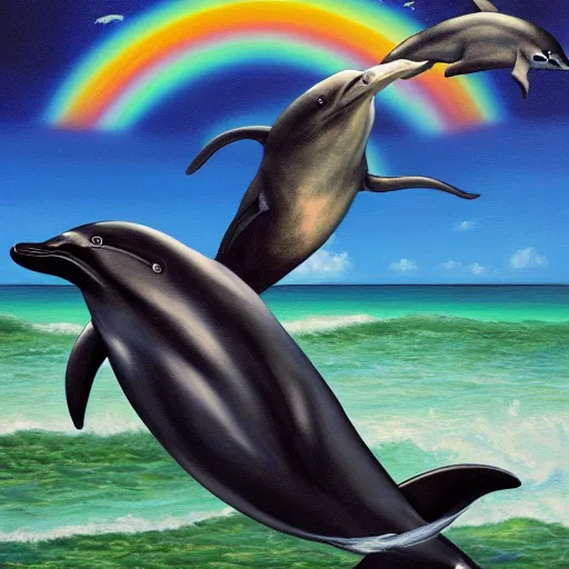 Image similar to a hyper realistic painting of the grim reaper sitting on of a dolphin jumping over a rainbow, by james c christensen and stephen gammel,