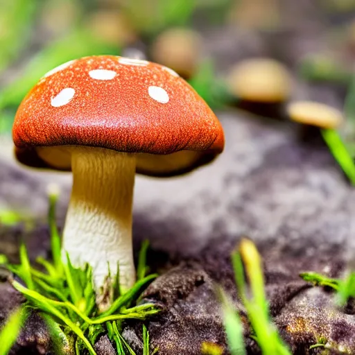 Image similar to macro photo with a singular mushroom character with cute eyes and mycelium, very close to real nature, natural colors and natural surroundings, painted patterns and coloring on mushrooms, 8K, highly detailed, cartoon