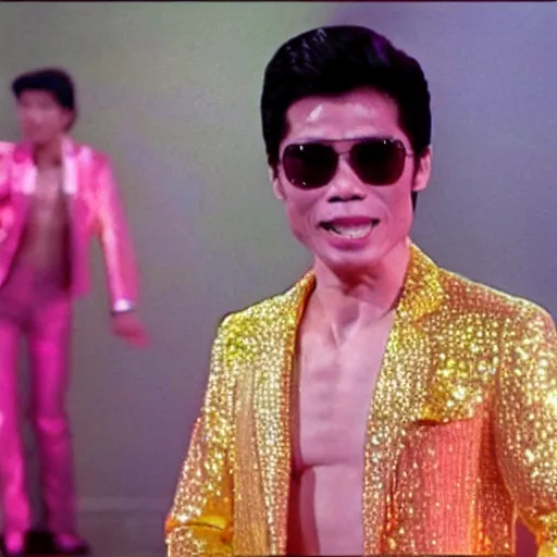 Image similar to A still of Ho Chin Minh wearing a disco suit in Saturday Night Fever