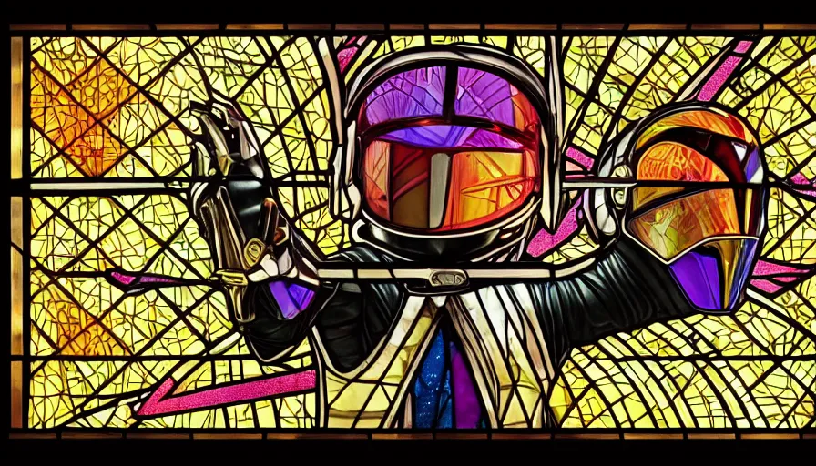 Prompt: stained glass window representing Daft Punk and The Weeknd, D&D, fantasy, highly detailed, digital art, fantasy illustration, trending on artstation, smooth, sharp focus, illustration, art by artgem and ROBERT HYNES