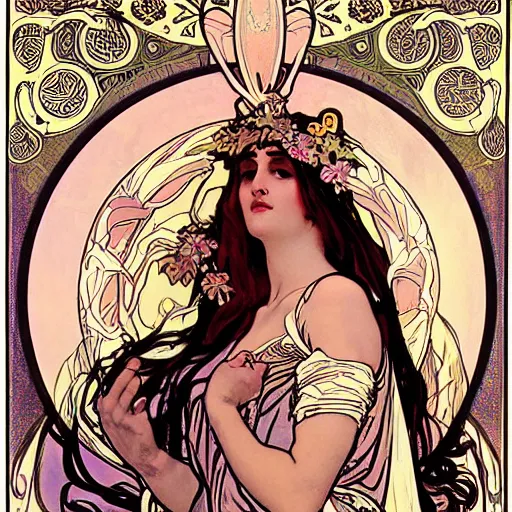 Image similar to persephone as godess of death, painted by alphonse mucha