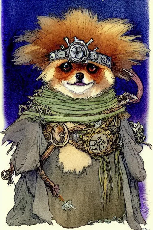 Image similar to a simple and atmospheric watercolour fantasy character concept art portrait of a robotic pomeranian as a druidic warrior wizard looking at the camera with an intelligent gaze, very muted colors, by rebecca guay, michael kaluta, charles vess and jean moebius giraud