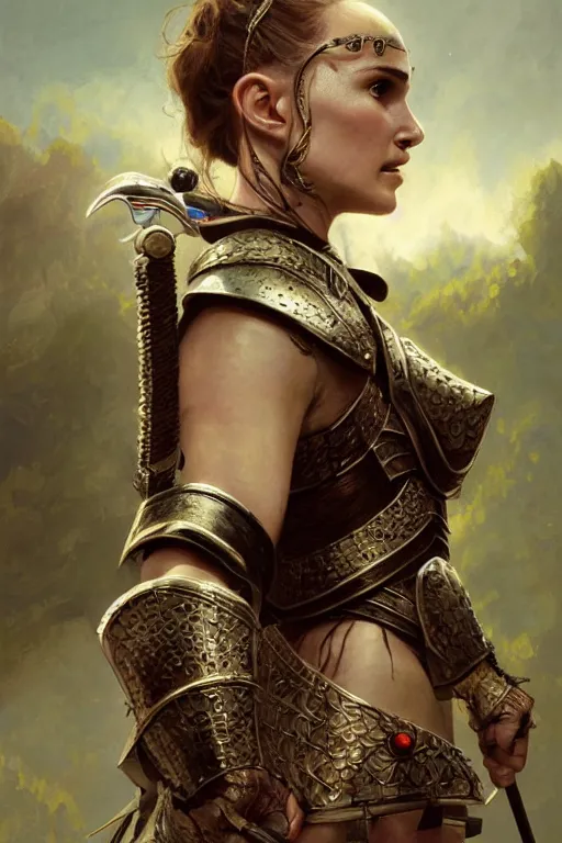 Image similar to natalie portman, legendary warrior, heroic, lord of the rings, tattoos, decorative ornaments, battle armor, by carl spitzweg, ismail inceoglu, vdragan bibin, hans thoma, greg rutkowski, alexandros pyromallis, perfect face, fine details, realistic shading photorealism