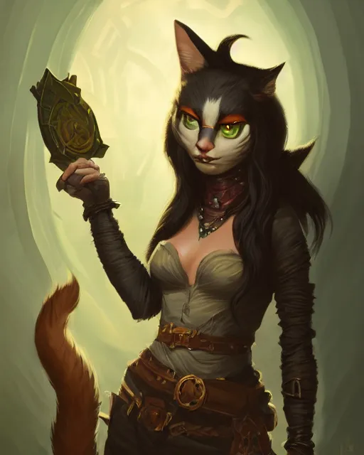 Prompt: Tabaxi :: Rogue, pretty, beautiful, DnD character art portrait, black hair, necromancy, matte fantasy painting, masterpiece, 8k, DeviantArt Artstation, by Jason Felix by Steve Argyle by Tyler Jacobson by Peter Mohrbacher, cinematic lighting.