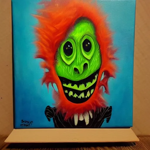 Image similar to small monster in the style of scary stuffs, oil painting, on board, hypercolor