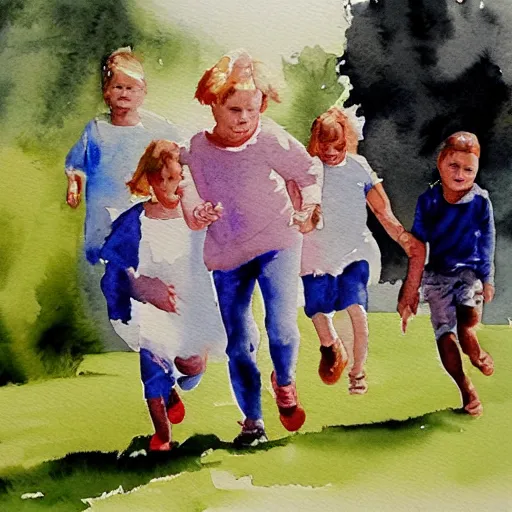 Prompt: watercolour, children running s 2 9 9 3 0 3 4 8 1 9