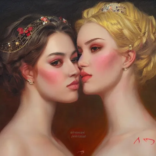 Image similar to two queens in illegal marriage, high vertical symmetry, photorealistic oil painting, beautiful, oil, vintage shading by Artgerm and ilya repin, artstation