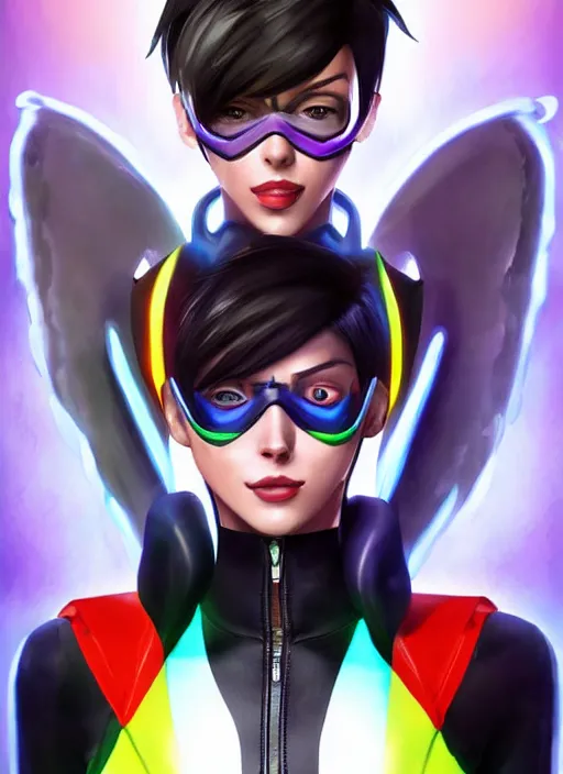 Image similar to portrait bust digital artwork of tracer overwatch, wearing iridescent rainbow latex and leather straps catsuit outfit, expressive face, makeup, in style of mark arian, angel wings, wearing detailed leather collar, chains, black leather harness, detailed face and eyes,