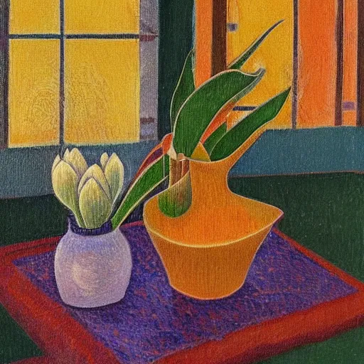 Image similar to Potted Tulip still life, matte painting, in the style of Paul Gaugin