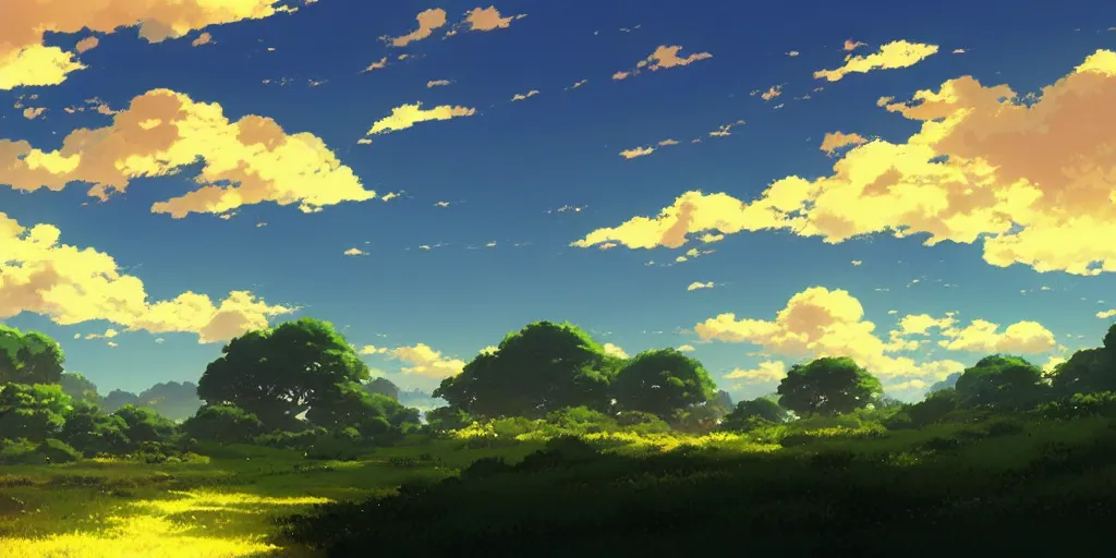 Image similar to beautiful landscape, big clouds, golden hour by makoto shinkai, studio ghibli