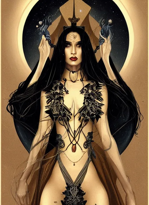 Image similar to tarot!!, high priestess, no noise, elegant, concept art, sharp focus, beautiful face!!, digital art, smooth defined outlines!!, human anatomy, human structure, vector background, dark fantasy, by Brom, trending on Artstation, Tom Bagshaw, Sargent