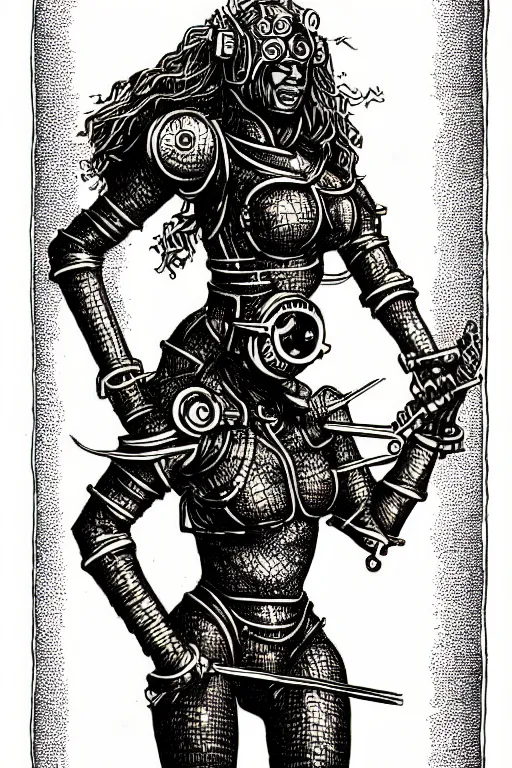 Image similar to beyonce, clockwork warforged, as a d & d monster, full body, pen - and - ink illustration, etching, by russ nicholson, david a trampier, larry elmore, 1 9 8 1, hq scan, intricate details, inside stylized border