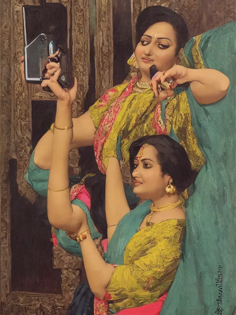 Prompt: a portrait of a lady using iphone and cliking selfie, painting by raja ravi verma