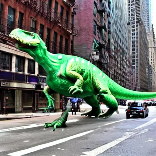 Prompt: a dinosaur lost in manhattan