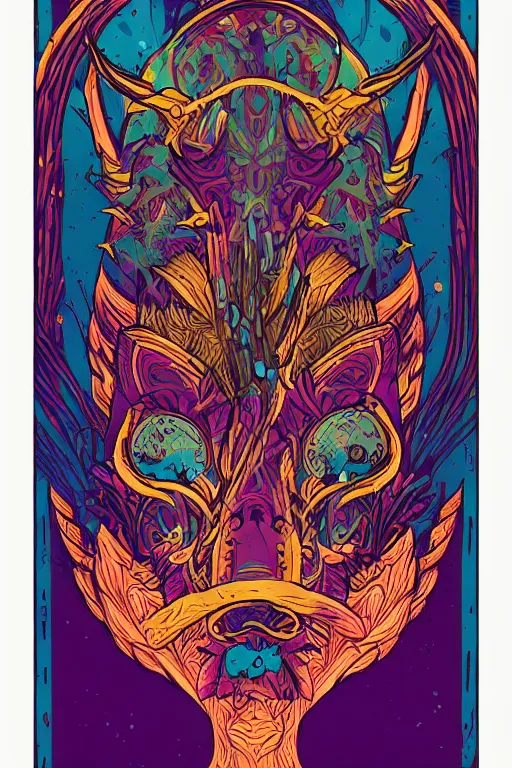 Image similar to animal mask totem roots flower tribal feather gemstone plant wood rock shaman vodoo video game vector cutout illustration vivid multicolor borderlands comics by josan gonzales and dan mumford radiating a glowing aura