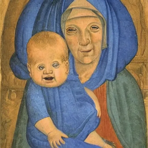 Prompt: painting of a baby that looks like benjamin netanyahu smiling while being held by his mother, by duccio