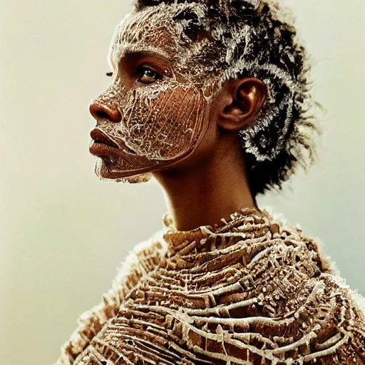 Image similar to full shot of a regal brown - skinned woman wearing an intricate armor made of many layers of ice. no makeup!! freckles!! haunting eyes. vulnerable. fragile. ethereal. elaborate. ice caves. glaciers. refracted light. extremely soft lighting. textures. delicate. translucent. by ray cesar. by louise dahl - wolfe. by andrea kowch. surreal photography.