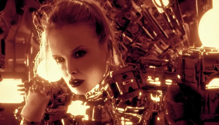 Image similar to perpetual motion machine intense moment, cinematic stillframe, dramatic lighting, The fifth element, vintage robotics, starring Geena Davis