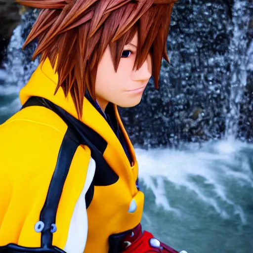 Prompt: kingdom hearts sora cosplay near waterfall low angle detailed face 85mm