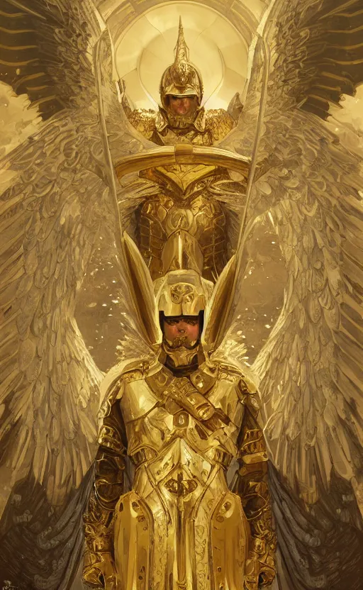 Image similar to Portrait of an archangel with golden wings, heavy armor and helmet, confident, heaven background, intricate, headshot, highly detailed, digital painting, artstation, concept art, sharp focus, cinematic lighting, illustration, art by artgerm and greg rutkowski, alphonse mucha, cgsociety