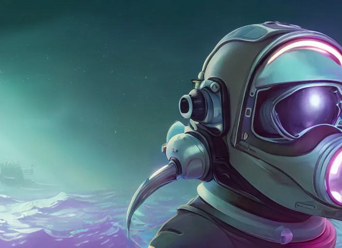 Image similar to An anthropomorphic fox as a retrofuturistic astronaut, helmet with led lights, underwater in the ocean at night, clear water, volumetric lighting, glowing lights, 4k, octane, digital painting, artstation, concept art, cinematic film, sharp focus, illustration, art by artgerm and greg rutkowski and alphonse mucha , wide angle view,