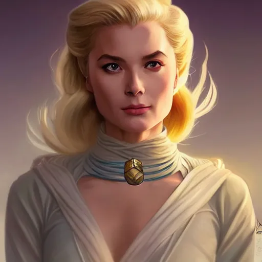 Image similar to Grace Kelly as Tsunade from Naruto, western, D&D, fantasy, intricate, elegant, highly detailed, digital painting, artstation, concept art, matte, sharp focus, illustration, art by Artgerm and Greg Rutkowski and Alphonse Mucha