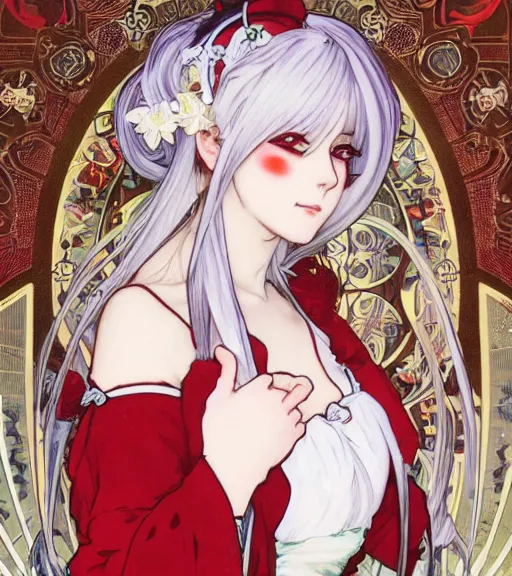 Prompt: Portrait of an anime girl with white hair wearing red gothic lolita dress, beautiful, 4k, smooth, sharp focus, art by Alphonse Mucha and Shirow Masamune