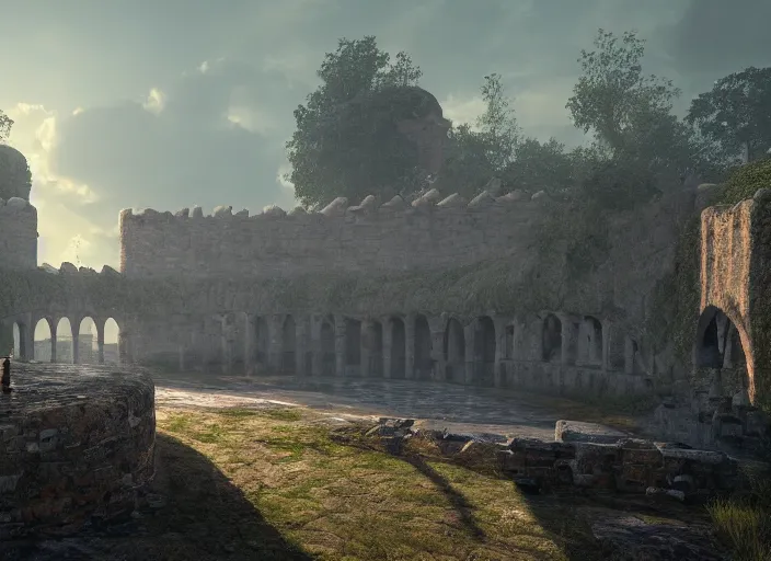 Image similar to a land ruins with a fort in the middle, golden pillars, water tunnels below and a time gate to another dimension, a wounded man standing watching over, dramatic lighting, dawn, by caspar david friedrich, unreal engine 5