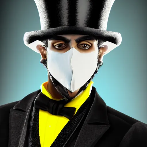 Image similar to a highly detailed portrait of a man in a high top hat covering his face, in a black tailcoat with a yellow waistcoat under the tailcoat, artstation, deviantart, professional, unreal engine 5, photorealistic